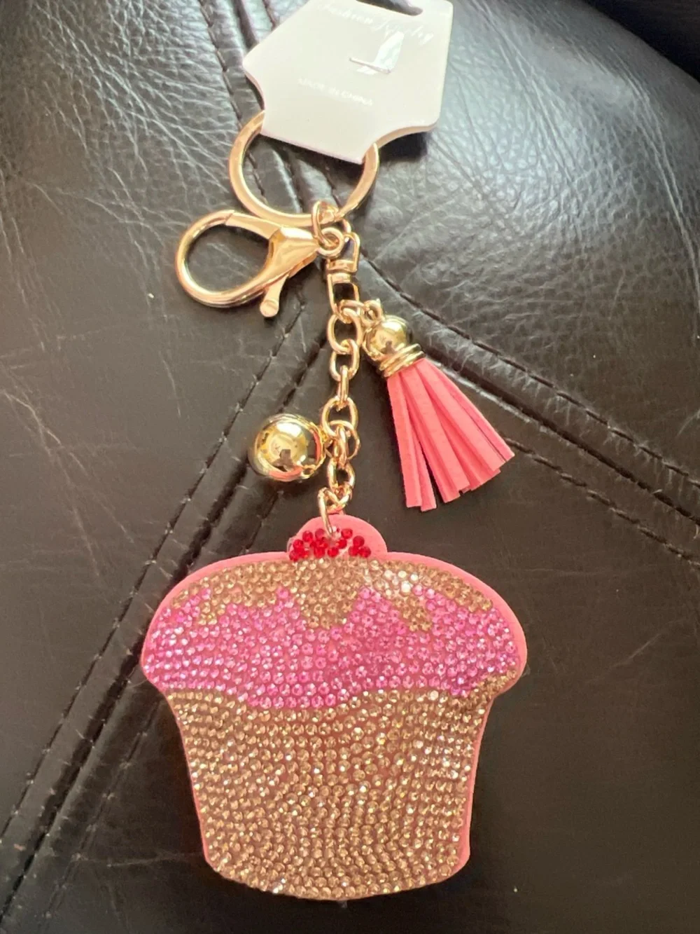 Sparkling Pink Cupcake Keychain Bag Charm with Tassel - Gold Hardware